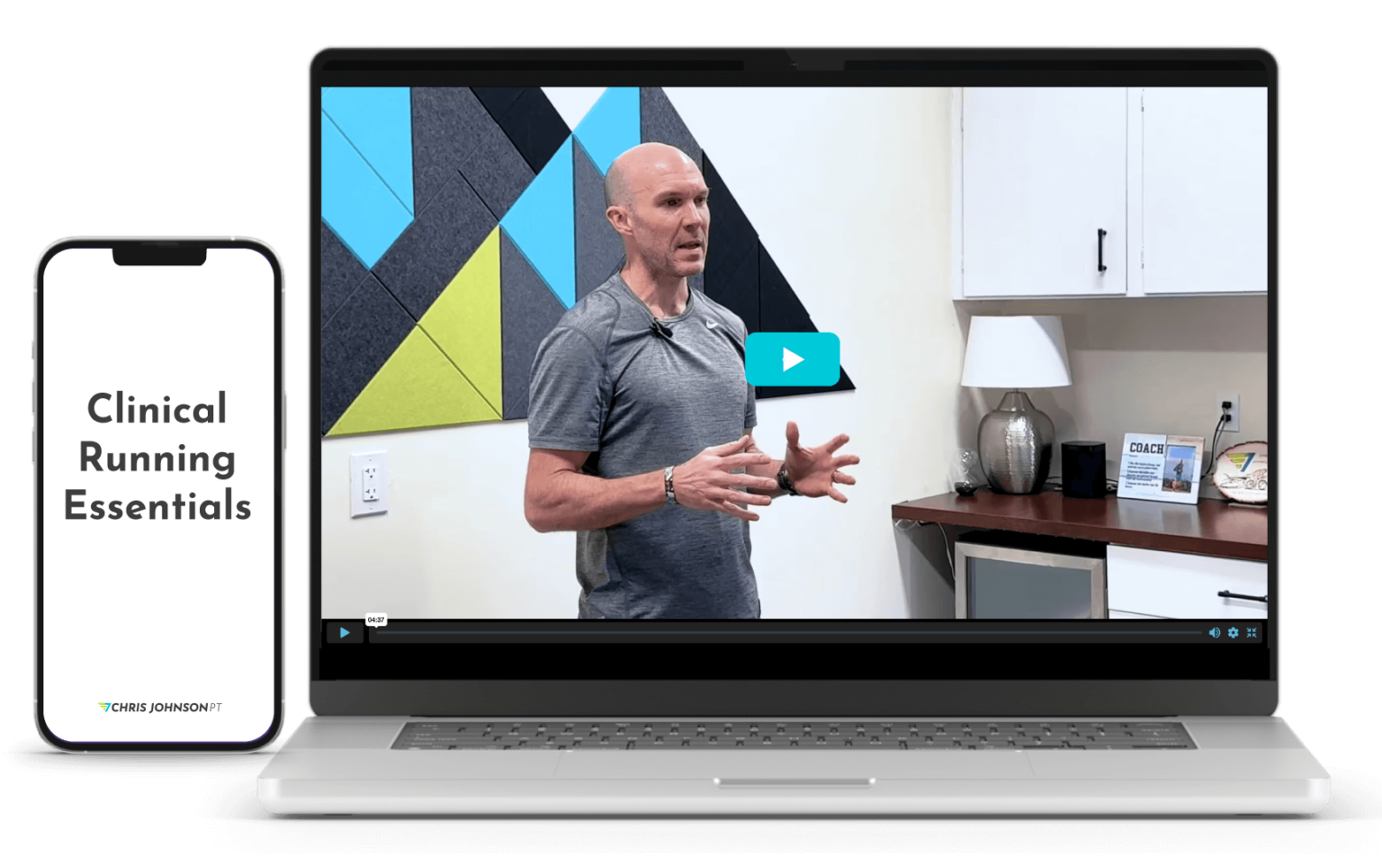 Clinical Running Essentials course shown on a laptop and a phone
